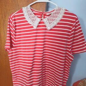 Maison Jules Coral and White Striped Top with Lace Collar Size XXL